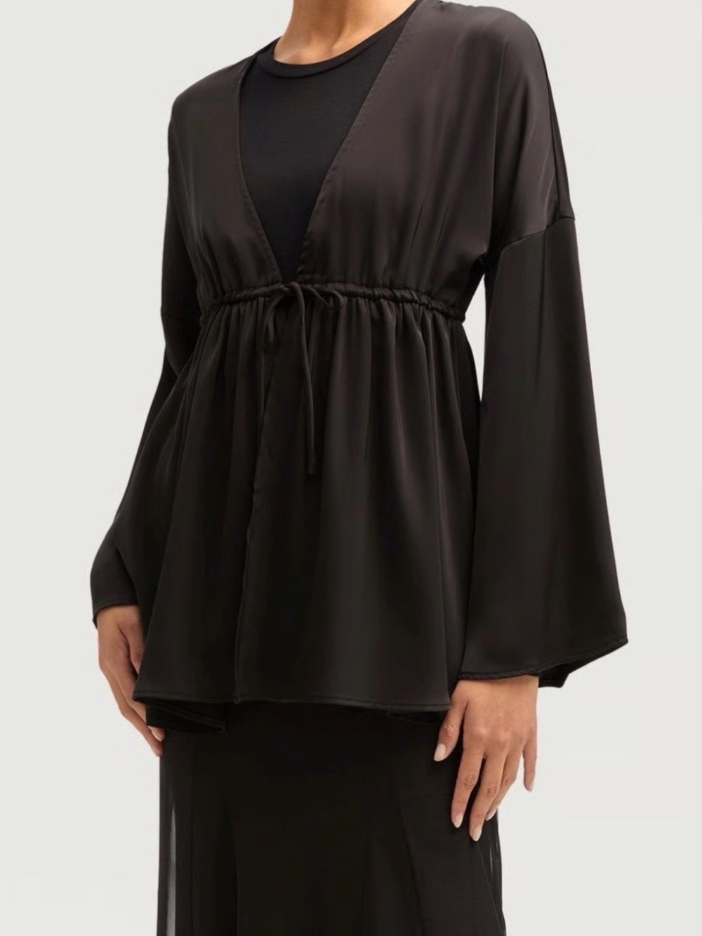 Veiled samia Satin Tie-Waist Black Kimono Robe Top
